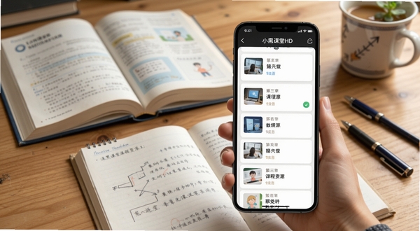 小黑课堂HD课程资源浏览页面,画面主体为手机屏幕内显示的章节列表卡片,背景为书桌学习场景,包含课本与文具元素,突出教育资源类应用的使用氛围