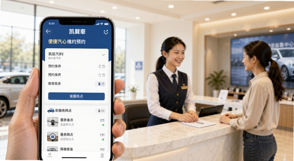 凯翼汽车维保预约服务场景,画面主体为手机界面显示凯翼汽车APP预约保养表单与附近服务网点列表,背景区域为明亮整洁的汽车服务中心接待区,有服务顾问微笑接待客户,整体风格温暖专业,体现便捷省心的售后服务体验