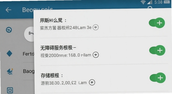 屏幕翻译器在安卓手机上的权限设置界面截图,画面中显示悬浮窗权限、无障碍服务权限与存储权限三项已开启状态,背景为系统设置页面,界面简洁直观,适配Boogu模型生成