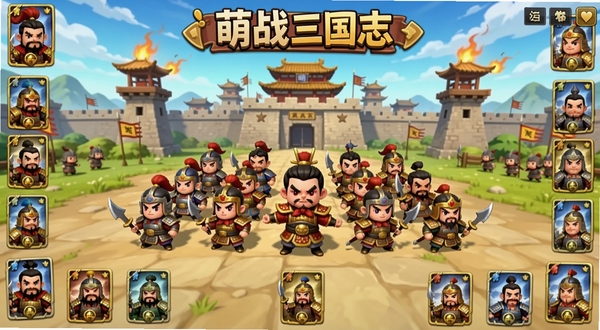 萌战三国志游戏主界面全景,Q版三国武将在屏幕中央列阵,背景为古代城池与烽火台,画面色调明亮鲜艳,卡牌元素环绕四周,适配Boogu模型生成