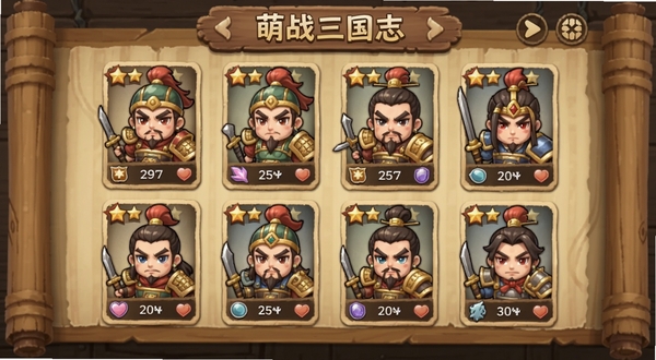 萌战三国志武将收集界面,展示多位Q版三国武将卡牌排列,每张卡牌带有星级和属性标识,背景为木质卷轴风格,色彩柔和,适配Boogu模型生成