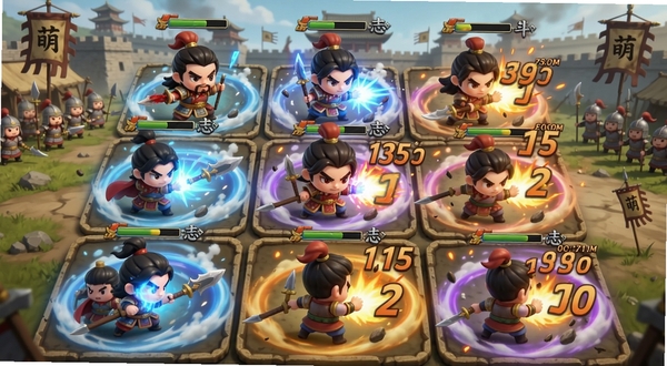 萌战三国志战斗场景,Q版武将在九宫格阵型中释放技能,画面带有华丽的技能特效与伤害数字,背景为三国古战场,适配Boogu模型生成