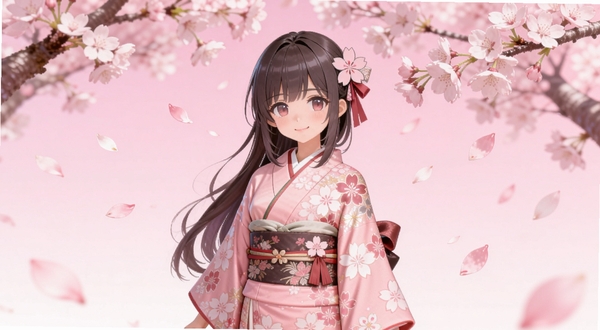 樱花少女装扮软件主界面展示,画面中央是一位穿着粉色樱花和服的动漫少女角色站在樱花树下,背景是淡粉色天空与飘落的花瓣,整体风格甜美清新,适合作为应用宣传图