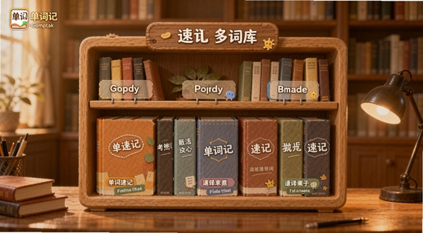 单词速记多词库选择界面,画面中心展示分类书架样式,背景为暖色书房环境,书架上排列不同考试标签的词汇书,细节包含单词速记Logo,风格温馨学习氛围