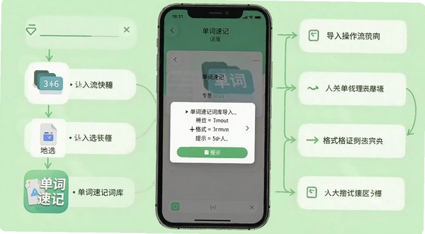 单词速记词库导入操作流程图,手机屏幕居中,背景为浅绿色引导页,画面展示文件选择与格式提示弹窗,带有单词速记应用图标