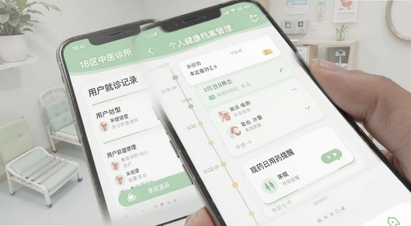 18区中医诊所个人健康档案管理界面,手机屏幕显示用户就诊记录时间轴与用药提醒卡片,界面采用卡片式布局,配色以白色和浅绿色为主,体现健康与清新感
