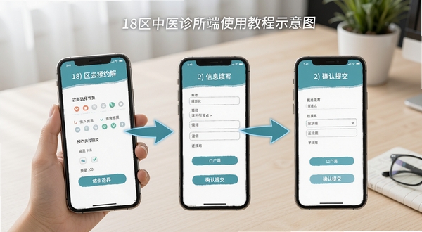 18区中医诊所移动端使用教程示意图,画面展示手机屏幕上的预约操作步骤分解,包含点击选择、信息填写、确认提交三个环节,背景为简洁的桌面环境,突出操作指引箭头