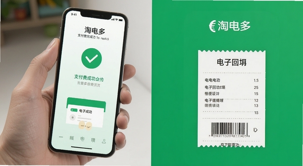 淘电多 缴费成功页面 手机屏幕显示支付完成对勾图标与电子回单 绿色主题色