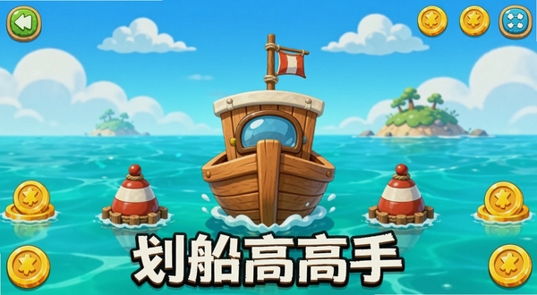 划船高高手游戏主界面,画面中央是一艘卡通风格的小木船行驶在碧蓝色水面上,两侧有浮标和金币道具,背景是蓝天白云与远处小岛,整体色调清新明亮,适合休闲手游宣传图