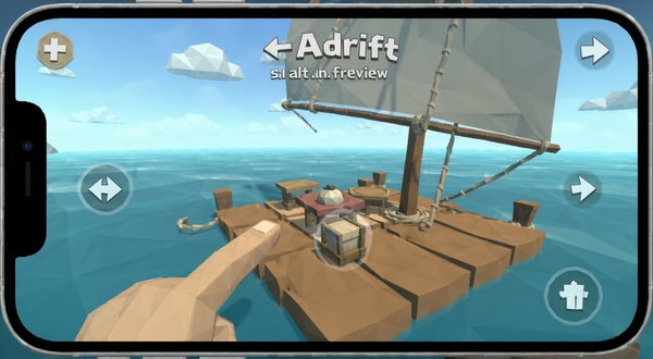 Adrift 新手教学界面,手机屏幕展示游戏操作提示,画面中有手指点击木筏上的物品,背景是平静的海面与蓝天,界面简洁明了,带有箭头指示,低多边形风格,alt=Adrift预览图