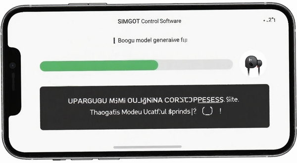 SIMGOT Control软件在手机上的固件升级进度界面截图,画面显示进度条和耳机图标,背景为简洁白色调,突出升级提示文字,适配Boogu模型生成