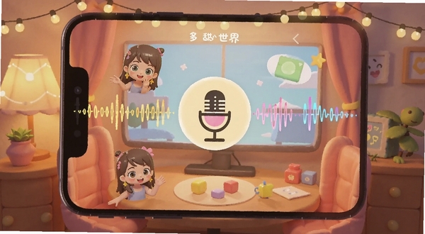 甜心世界 语音房间 多人互动 麦克风图标 声波可视化 温馨聊天室 手机界面 暖色灯光 卡通风格
