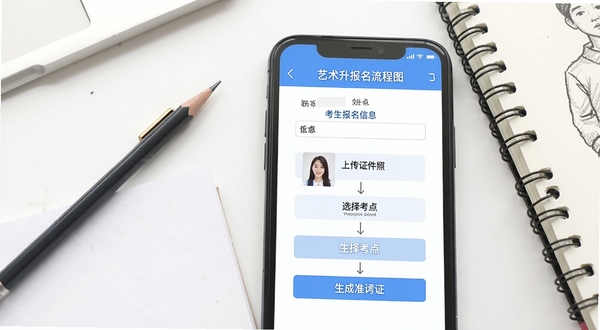 ��������������ͼ���棬�ֻ���Ļ��ʾ������д������Ϣ���ϴ�֤���ա�ѡ�񿼵㡢����׼��֤�Ĳ������裬����Ϊ��ɫ�칫���棬�Ա߷���Ǧ�ʺ����豾��������������
