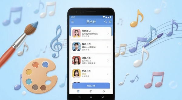 �������ֻ�Ӧ��������չʾ����������Ϊһ����׿�ֻ�����Ļ��ʾ������APP��ԺУ�б��뱨����ڣ���������Ϊǳ��ɫ���䣬��׺���ʡ���ɫ�̡�����������Ԫ�أ���������ˬ��࣬�ʺ�Ӧ���̵�����ͼ