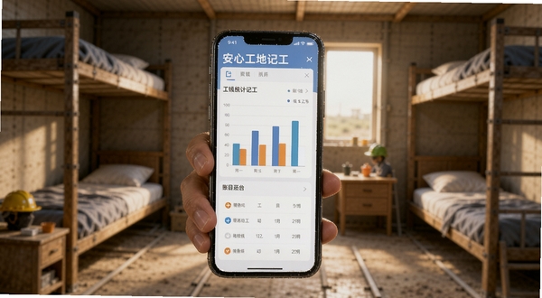 安心工地记工 账目统计图表界面 手机屏幕显示柱状图与工钱汇总 背景为工地宿舍 柔和光线 扁平化设计