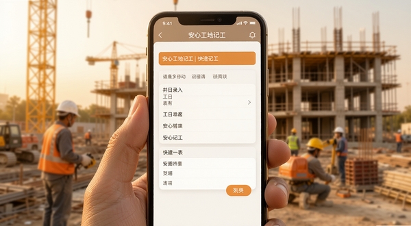 安心工地记工 快速记工界面 手机屏幕展示工日录入表单 建筑工地背景虚化 暖色调 简洁UI风格