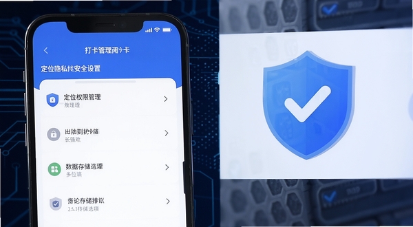 打卡定位隐私安全设置界面,手机屏幕显示权限管理列表与数据存储选项,盾牌图标突出安全防护概念,背景为深蓝色科技感纹理