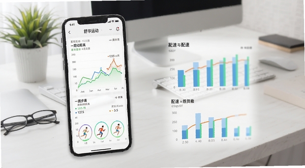 舒华运动APP运动数据统计页面,手机屏幕显示折线图与柱状图,展示一周跑步距离与配速变化,背景为简约办公桌面,数据可视化风格
