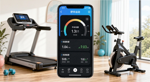 舒华运动APP主界面展示,手机屏幕显示运动数据仪表盘,背景为现代家庭健身房场景,跑步机与动感单车清晰可见,整体色调明亮活力,突出运动健康主题
