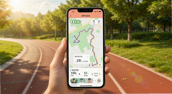 舒华运动APP户外跑步轨迹记录界面,手机屏幕显示地图轨迹与配速数据,背景为公园跑道与绿树,阳光明媚,运动活力风格
