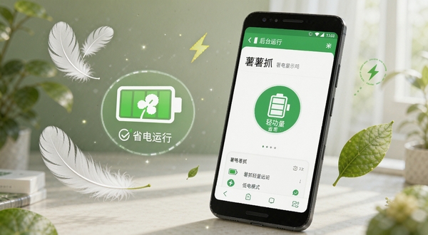薯抓轻量运行省电模式示意图,画面中一部安卓手机显示电池图标和低功耗标识,旁边漂浮着羽毛和绿叶元素,象征轻量省电,手机屏幕内是薯抓后台运行界面,整体色调为清新绿白搭配