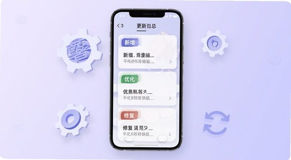 薯抓最新版本更新功能展示图,手机屏幕中显示更新日志列表,包含新增、优化、修复三类标签,界面采用卡片式设计,背景为淡紫色渐变,周围有齿轮和刷新图标点缀,整体风格现代简洁