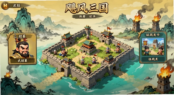 飓风三国游戏主界面全景展示,画面中央为Q版三国城池俯瞰图,左侧是武将招募入口,右侧是征战关卡入口,背景为水墨风格的山川与烽火台,整体色调以暖黄与青绿为主,突出策略手游的休闲氛围