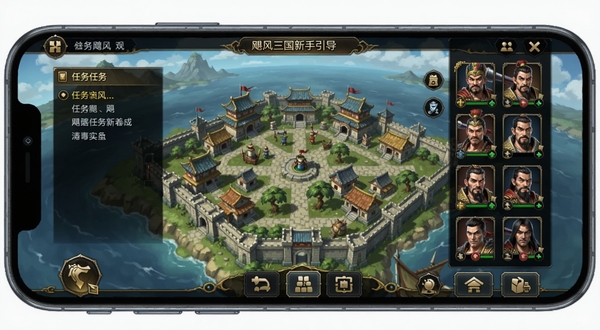 飓风三国新手引导界面截图,画面展示手机屏幕内游戏主城场景,左侧有任务追踪栏,右侧有武将头像列表,底部是功能菜单按钮,整体UI风格为深色底配金色边框