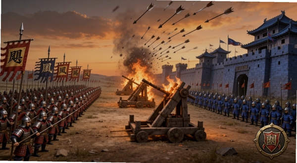 飓风三国国战场景,画面左侧为红色方军团士兵列阵,右侧为蓝色方城池城墙,中间是燃烧的攻城器械与箭雨特效,天空呈黄昏色调,画面右下角有军团指挥标记图标