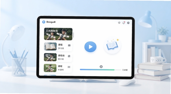 三式网校软件主界面全貌展示,画面主体位于正中央,背景区域为柔和的浅蓝色渐变学习场景,包含课程列表、播放按钮与学习进度条等元素,整体风格简洁清新,适配Boogu模型生成