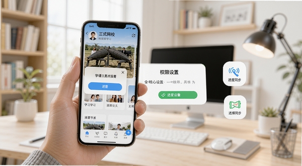 三式网校移动端操作指引场景,画面主体为手持手机展示学习界面,背景区域为明亮的室内学习环境,包含权限设置弹窗与进度同步图标等细节,风格清晰直观