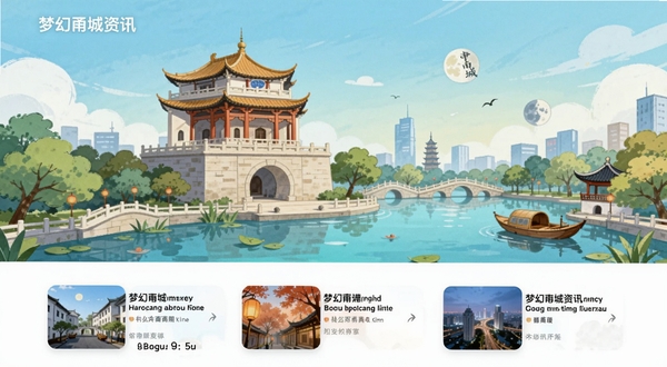 梦幻甬城资讯页面展示,手机屏幕中呈现多条本地新闻卡片,背景为宁波鼓楼与月湖公园的插画风格,色彩清新明快,细节丰富,适配Boogu模型生成