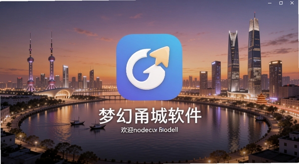 梦幻甬城软件欢迎界面与城市剪影背景,画面中央展示应用图标和名称,背景为宁波三江口夜景与现代化城市天际线,整体色调温暖明亮,适配Boogu模型生成