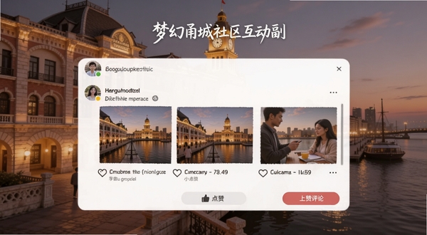 梦幻甬城社区互动页面,展示用户头像、动态图文与点赞评论按钮,背景为宁波老外滩风格建筑,暖色调氛围,适配Boogu模型生成