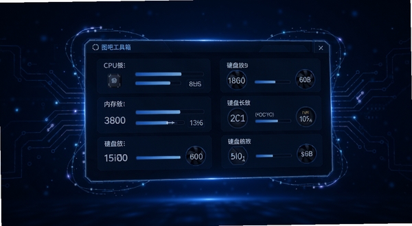 图吧工具箱硬件概览面板悬浮在深蓝色科技感背景之上,面板内清晰展示CPU、内存、显卡、硬盘等参数条目,周围环绕着发光的电路纹理,画面中心为主体面板,背景为渐变的暗色空间,风格简洁具有科技感