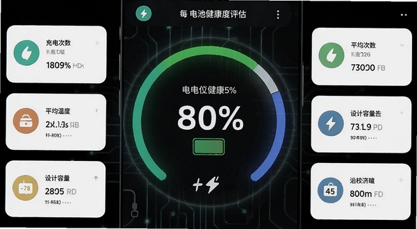 每天充电App的电池健康度评估页面,大号圆形百分比仪表盘显示电池健康度,周围环绕着充电次数、平均温度、设计容量等小卡片,背景为深色模式下的手机界面,科技感十足