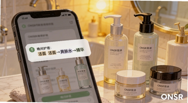 ONSR软件内护肤流程提醒界面截图风格插画,画面中一部手机弹出提醒通知,通知内容显示“晚间护理:洁面→爽肤水→精华”,手机旁边散落着护肤品瓶罐,背景是暖色调的浴室灯光,画面右下角有ONSR水印,整体细节丰富,适合Boogu模型生成