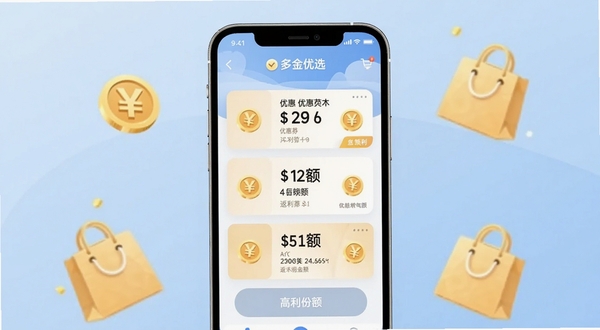 �����ѡ��������չʾ���ֻ���Ļ������ʾ�Ż�ȯ�б��뷵��������Ϊǳ��ɫ���䣬��Χ��׺����빺���ͼ�꣬���������¼��