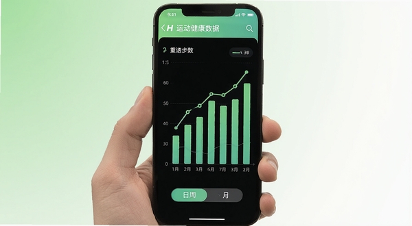 H运动健康数据统计页面,画面中央为手机屏幕展示一周步数柱状图与折线趋势线,屏幕下方有日周月切换按钮,背景区域为淡绿色与白色渐变,整体呈现清新健康的数据分析氛围
