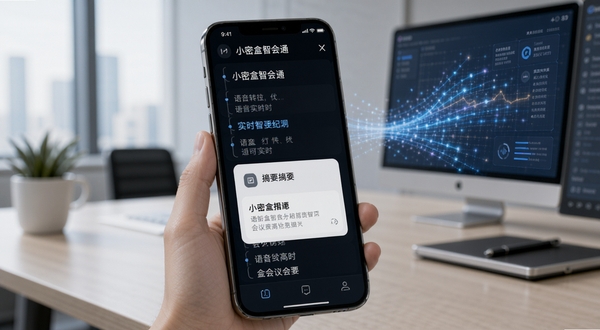 小密盒智会通智能会议纪要界面展示,手机屏幕显示语音转文字实时滚动效果与摘要卡片,背景为现代办公桌与虚拟数据流,突出智能与高效,适配Boogu模型生成