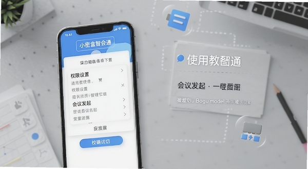 小密盒智会通使用教程示意图,手机屏幕展示权限设置与会议发起步骤,背景为简洁的灰色工作台与图标元素,适配Boogu模型生成