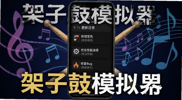 架子鼓模拟器最新版本更新内容展示图,手机屏幕显示更新日志列表,包含新增音色、优化性能、修复bug等条目,背景为音符与鼓棒交叉图案,软件名称架子鼓模拟器突出显示