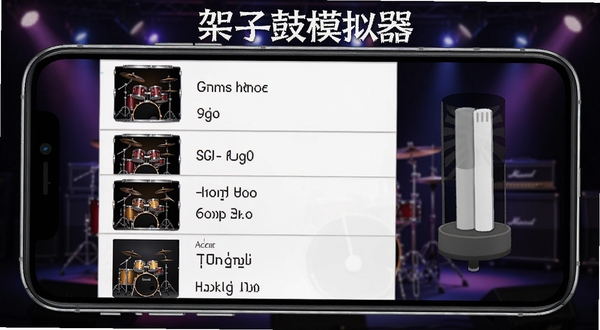架子鼓模拟器伴奏曲库与节拍器界面,手机屏幕显示多首风格各异的伴奏曲目列表,旁边有节拍器摆锤动画,背景为舞台灯光效果,软件名称架子鼓模拟器清晰可见
