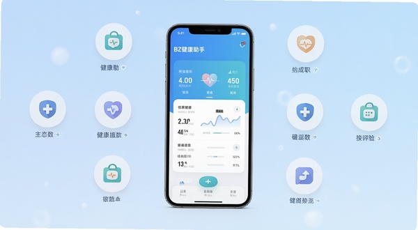 BZ健康助手软件主界面概览图,画面中央是手机屏幕展示健康数据仪表盘,背景区域为浅蓝色渐变,周围环绕简约的图标元素,整体风格清爽干净,适配Boogu模型生成