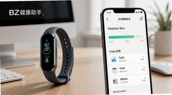 BZ健康助手健康数据自动同步功能展示图,画面左侧是智能手环,右侧是手机屏幕显示同步进度条和已同步的数据条目,背景为办公桌面场景,光线柔和,适配Boogu模型生成