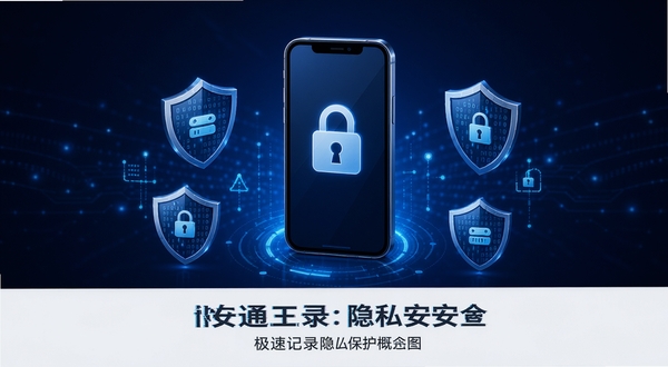 通话记录极速查隐私安全保护概念图,画面中央为带锁的手机图标,周围环绕盾牌和数据加密符号,背景为深蓝色科技感渐变,手机位于画面中心偏上位置,整体传递安全可靠视觉感受
