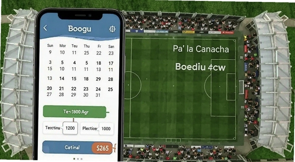 Pa’ la Cancha 球场预订界面,手机屏幕中显示日历与时间段选择,背景为足球场俯视图与绿色草地纹理,细节包含确认按钮与价格标签,适配Boogu模型生成