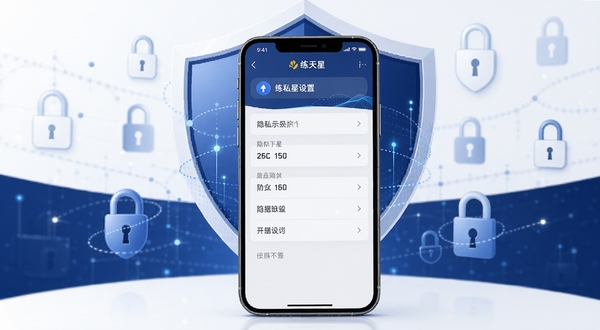 练天星数据安全与隐私保护示意图,画面主体为一部手机屏幕显示练天星设置页面中的隐私选项,背景区域为盾牌和锁形图案,色调以深蓝和白色为主,突出安全感