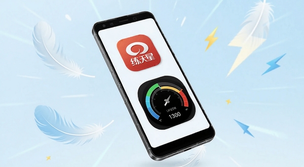练天星轻量运行概念图,画面主体为一台安卓手机悬浮在浅蓝色背景中,手机屏幕显示练天星应用图标和运行速度仪表盘,背景区域有羽毛和闪电元素象征轻快,整体色调清新明亮