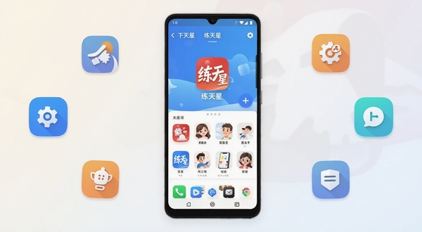 练天星软件主界面全貌展示,画面主体为一部安卓手机屏幕,屏幕中央显示练天星应用首页,背景区域为简约的浅色渐变,手机周围散落着几个功能图标,整体风格清爽现代,适配Boogu模型生成